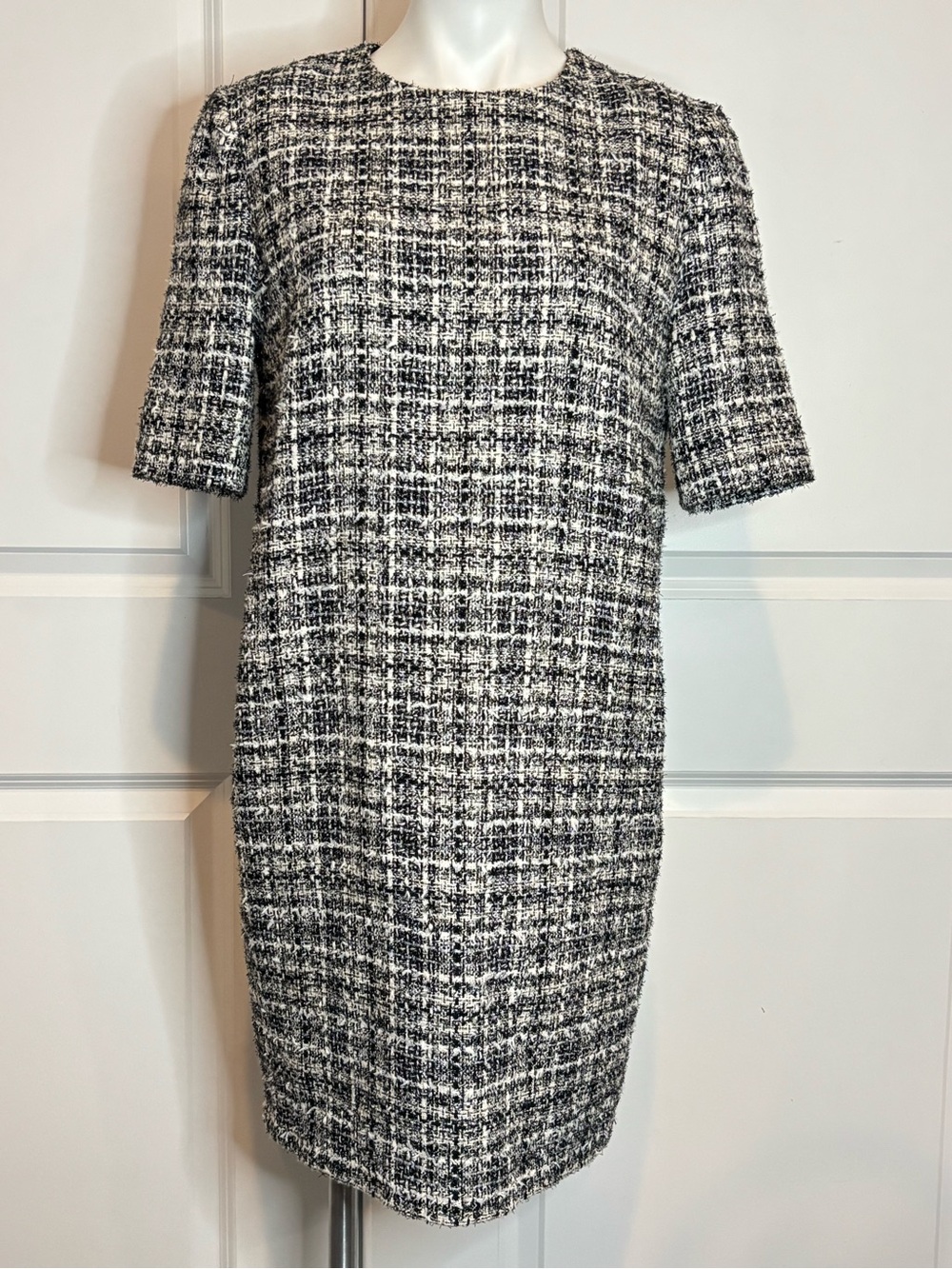 Lanvin Paris Black White Silver Tweed Short Sleeve Shift Dress 40/10